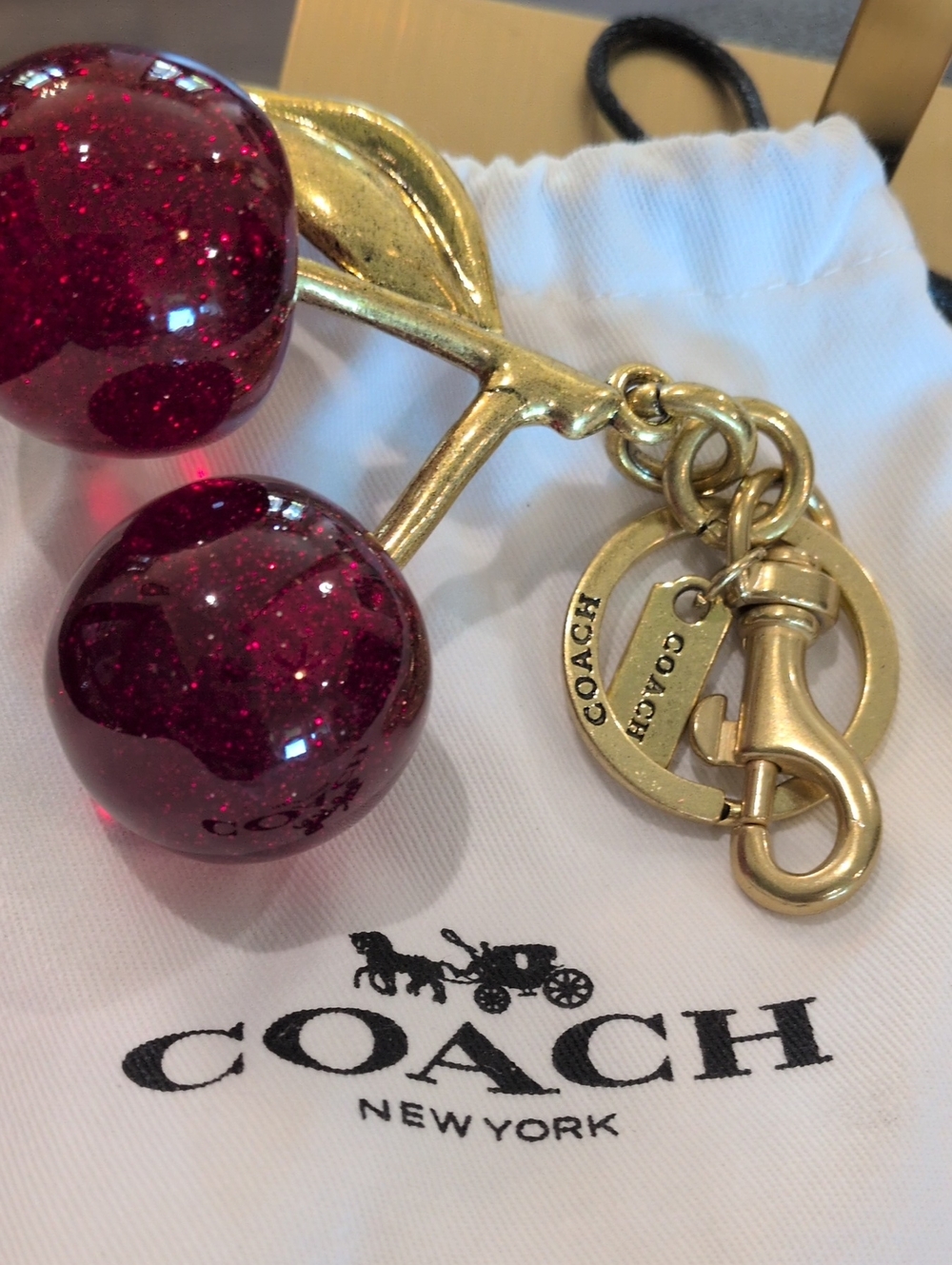 Coach Gold-Tone Keychain with Pink Glitter Cherry Charms